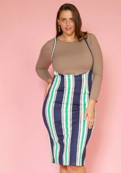Asoph Plus Size Stripe Suspender Midi Skirt