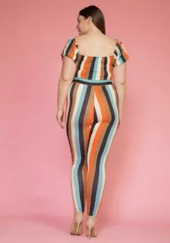 Plus Size Puff Sleeve Multi Stripe Jumpsuit -Asoph Sales Shop 2005502 109 3