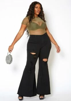 Vibrant Plus Size Bell Bottom Distressed Denim Jeans