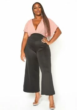 Asoph Plus Size Ribbed Knit Contrast Angel Sleeve Jumpsuit