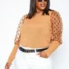 Asoph Plus Size Polka Dot Mesh Puff Sleeve Top