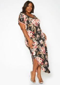 Asoph Plus Size Spring Floral Print Tee Shirt Maxi Dress