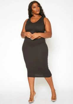 Asoph Plus Size Basic Tank Crop Top & Midi Skirt Set