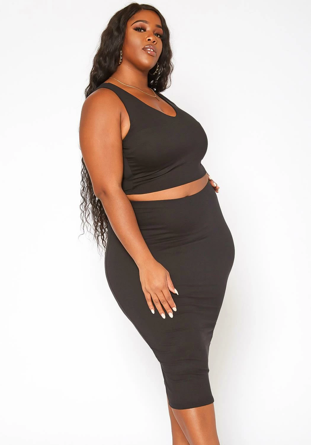 Asoph Plus Size Basic Tank Crop Top & Midi Skirt Set 2 Asoph Plus Size Basic Tank Crop Top & Midi Skirt Set - Image 2