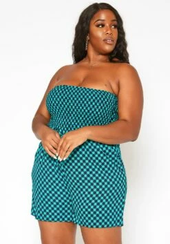 Asoph Plus Size Checker Dotted Print Tube Romper