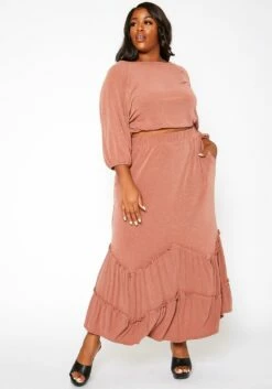 Asoph Plus Size Ruffle Trim Knit Maxi Skirt