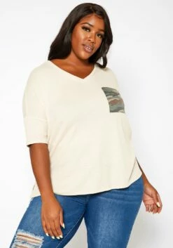 Asoph Plus Size Camo Pocket Hem T Shirt