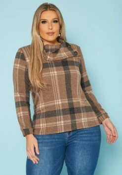 Plus Size Plaid Print Asymmetric Neck Sweater