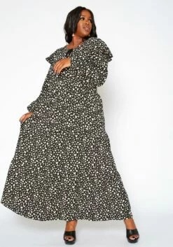 Asoph Plus Size Spotted Print Flare Maxi Dress
