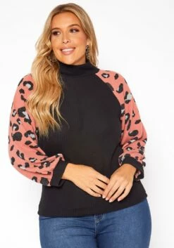 Asoph Plus Size Leopard Print Waffle Knit Sweater