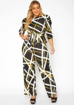Asoph Plus Size Grid Striped Peplum Top & Straight Pants Set