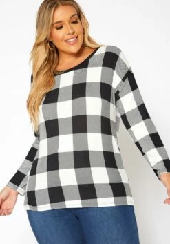 Asoph Plus Size Plaid Print Long Sleeve Top