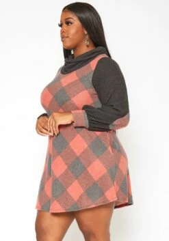 Plus Size Plaid Print Funnel Neck Mini Dress -Asoph Sales Shop 2018802 110 2