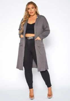 Plus Size Boho Knit Hooded Duster Cardigan