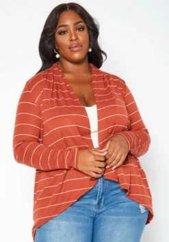 Plus Size Casual Striped Open Front Cardigan