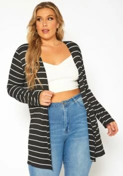 Plus Size Striped Open Front Cardigan