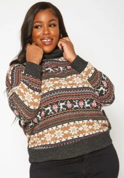 Plus Size Reindeer Print Turtleneck Sweater