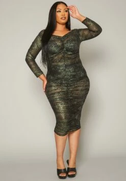 Plus Size Leopard Print Mesh Bodycon Dress