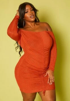 Plus Size Shimmer Drawstring Hem Bodycon Mini Dress