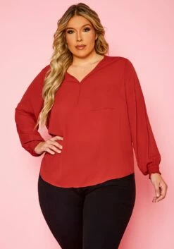 Plus Size V Neck Pocket Hem Long Sleeve Blouse
