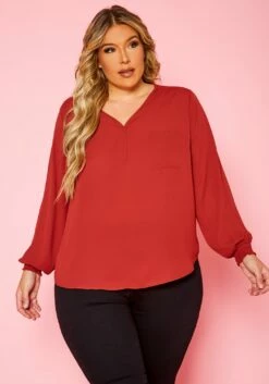 Plus Size V Neck Pocket Hem Long Sleeve Blouse -Asoph Sales Shop 2019925 006 2