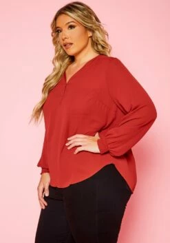 Plus Size V Neck Pocket Hem Long Sleeve Blouse -Asoph Sales Shop 2019925 006 3