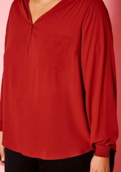 Plus Size V Neck Pocket Hem Long Sleeve Blouse -Asoph Sales Shop 2019925 006 5