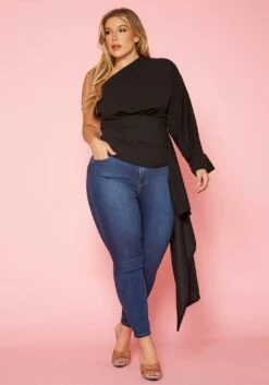 Plus Size One Sleeve Drape Hem Blouse