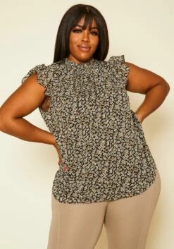 Pleione Plus Size Floral Print Mock Neck Short Sleeve Top
