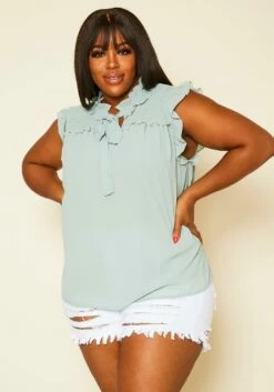 Pleione Plus Size Shirred Ruffle Sleeve Tank Top
