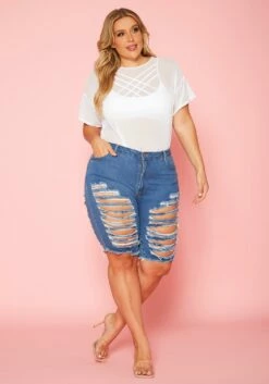 Plus Size Distressed Denim Bermuda Shorts