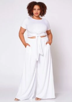 Plus Size Tie Front Crop Top & Wide Flare Pants Set
