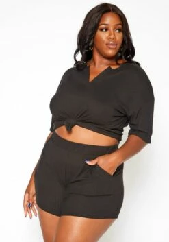 Plus Size Ribbed Casual T Shirt & Shorts Set