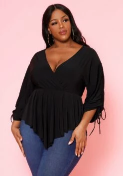 Plus Size Surplice Shirred Sleeve Peplum Blouse