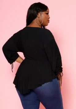 Plus Size Surplice Shirred Sleeve Peplum Blouse -Asoph Sales Shop 2021079 002 3