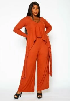 Plus Size Ribbed Knit Longline Top & Pants Set