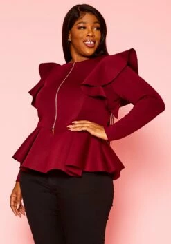 Plus Size Ruffle Shoulder Hem Peplum Jacket