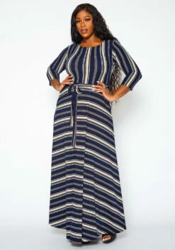 Plus Size Multi Striped Fit & Flare Maxi Dress