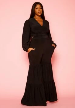 Plus Size Wrap Crop Top & Bell Flare Pants