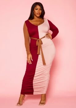 Plus Size Color Block Long Sleeve Maxi Dress