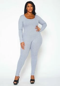 Plus Size Solid Long Sleeve Fitted Jumpsuit