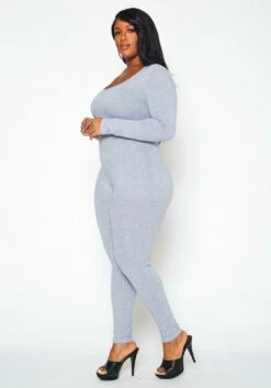 Plus Size Solid Long Sleeve Fitted Jumpsuit -Asoph Sales Shop 2021396 002 2