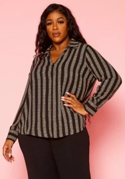 Plus Size Minimal Chain Link Print Collar Blouse