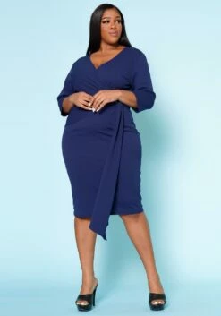 Plus Size V Neck Overlay Drape Mini Dress