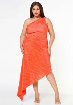 Plus Size Pleated Asymmetric One Sleeve Dress