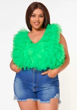 Plus Size Ruffle Tulle Sleeveless Bodysuit