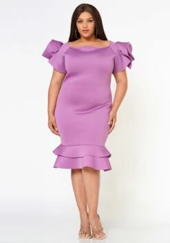 Plus Size Ruffle Flower Shoulder Midi Dress